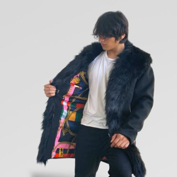 Men's Black Fashion Casual Faux Fur Jacket NWT